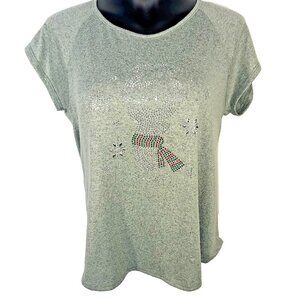 SJS Knit Top Sweater Women's Size PL Pale Green Beaded Reindeer Snowflake XMAS